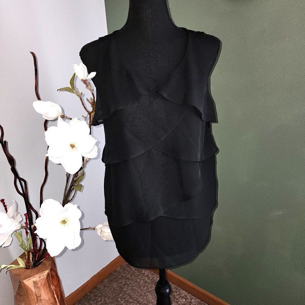 Covington Top Womens Large Petite Black Ruffle Tier Sleeveless Blouse